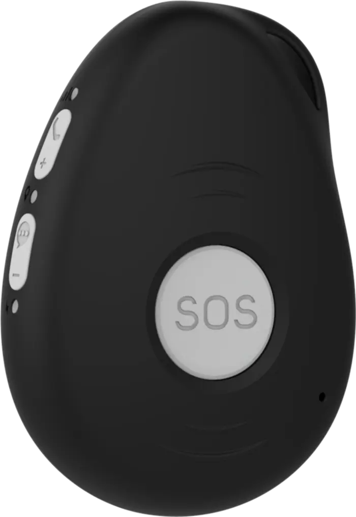 Side view of the Help Alert GPS pendant showing the SOS button and side call buttons