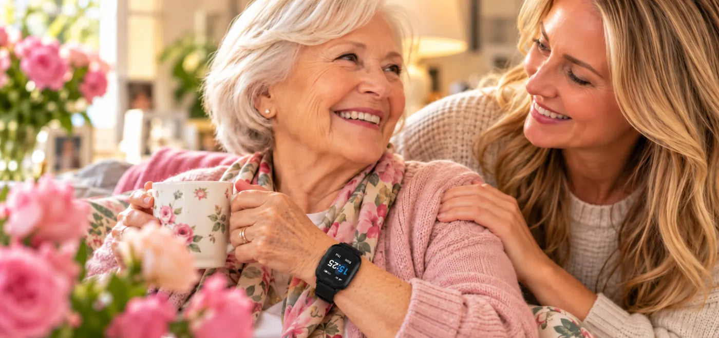 A smiling older woman wearing a HelpAlert Fall Watch, sharing a cup of tea with her daughter