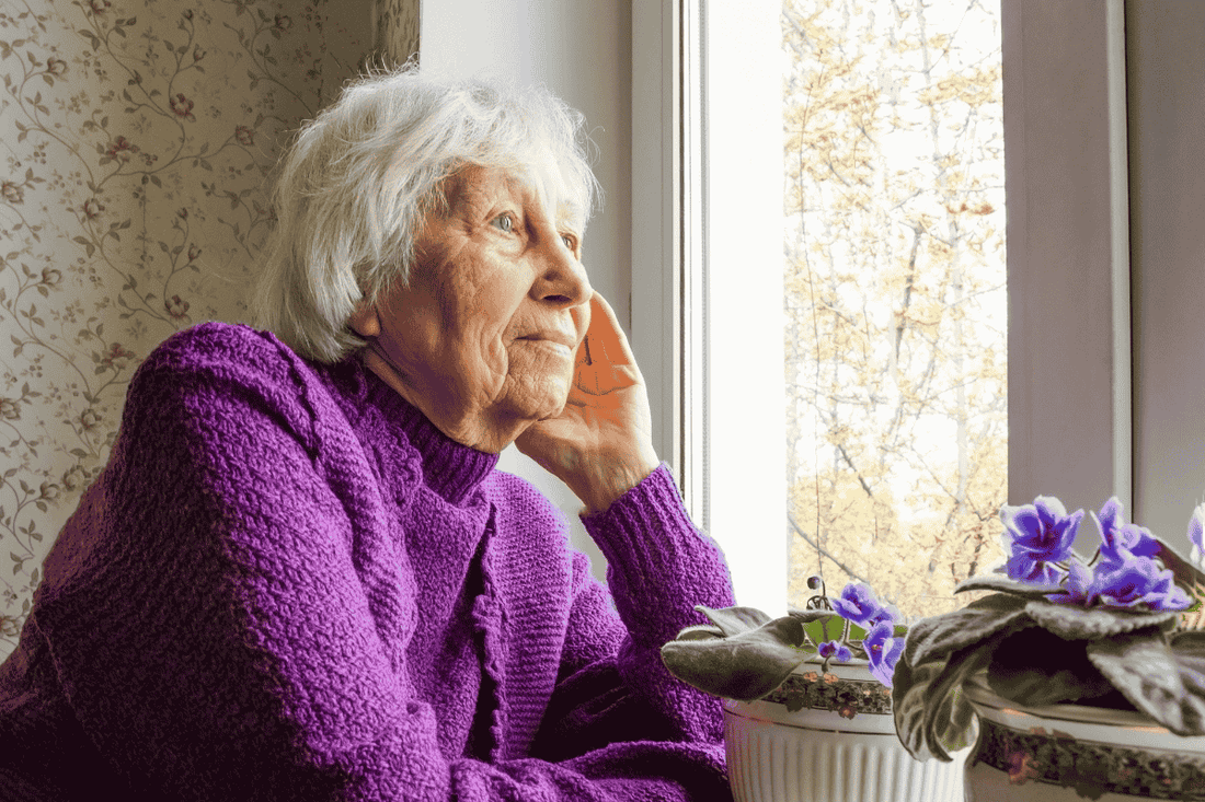 Elderly woman with white hair wearing a purple sweater, sitting by a window and looking outside thoughtfully, with potted purple flowers on the windowsill.