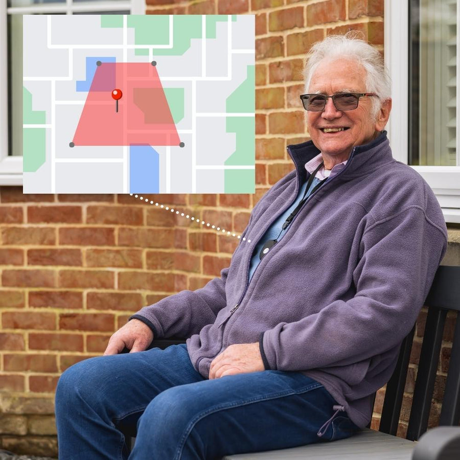 Man sitting outdoors with a map graphic overlay