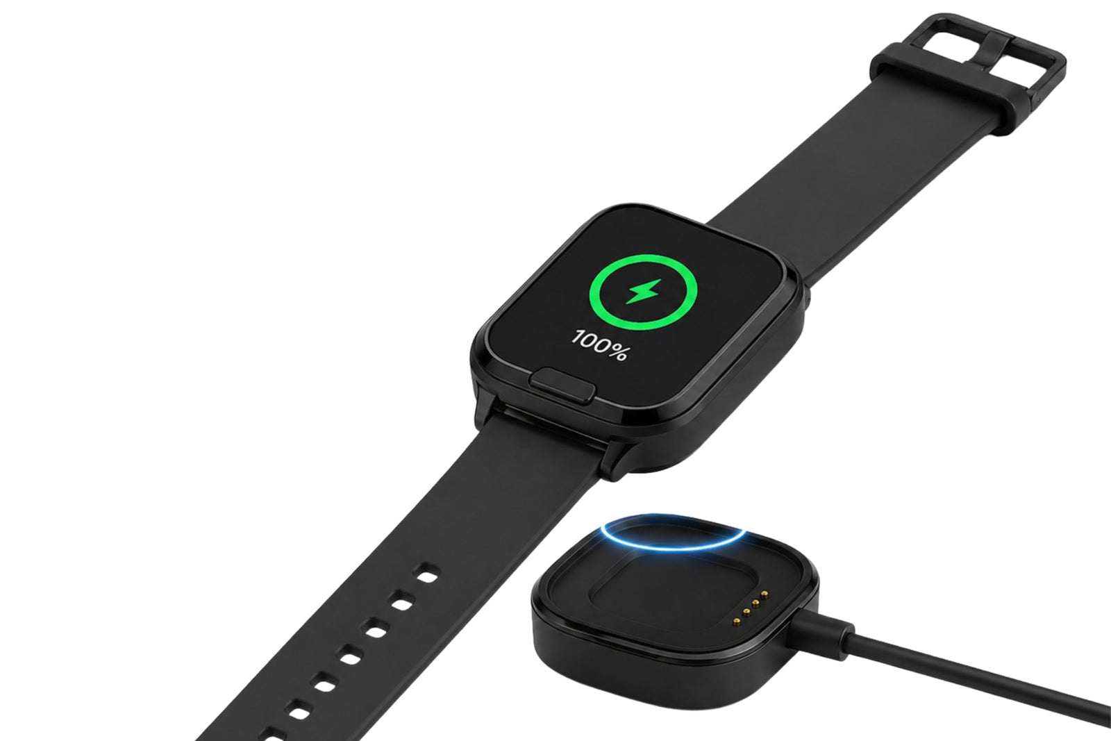 Black SOS watch with charging dock on a white background