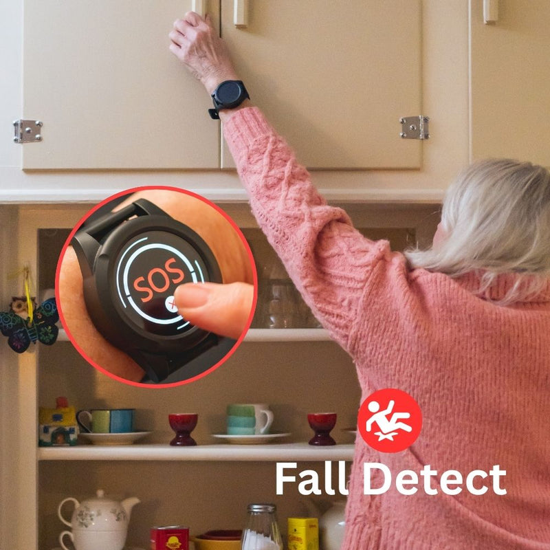 HelpAlert fall detection watch for elderly safety, showing SOS emergency button while a senior woman reaches into a cupboard.