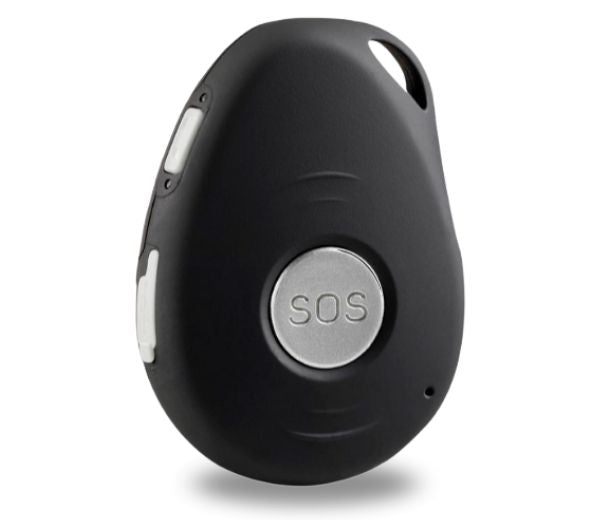 Black HelpAlert GPS pendant with SOS emergency button for elderly safety.