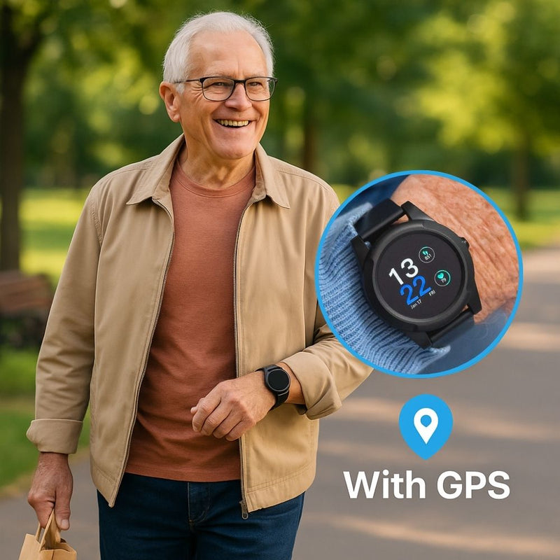 HelpAlert GPS safety watch for elderly people, showing digital time and location tracking while a senior man walks outdoors.
