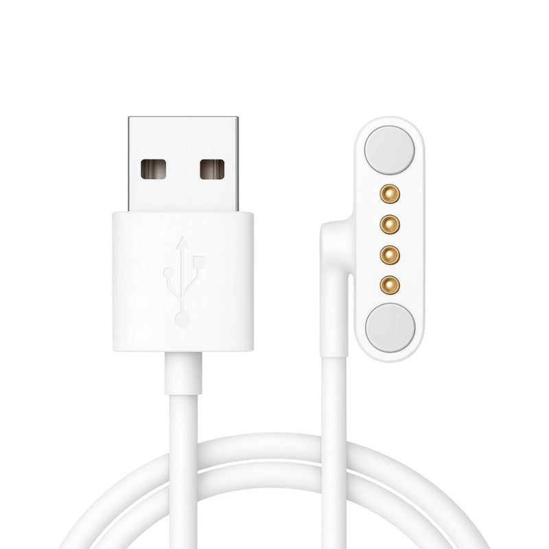 White HelpAlert magnetic USB charging cable with gold contact pins, designed for recharging personal alarm watches and pendants.