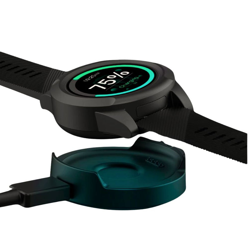 HelpAlert smartwatch resting on its wireless magnetic charging dock showing 75% battery charge, illustrating fast charging for elderly safety alarms.