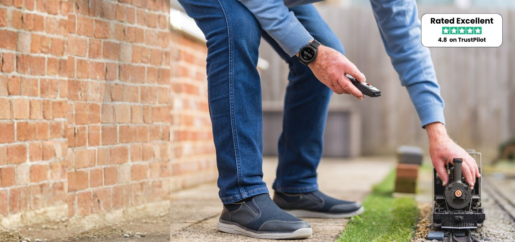 HelpAlert personal alarm customer outdoors wearing a GPS watch, with Trustpilot and Which Trusted Trader logos displayed.