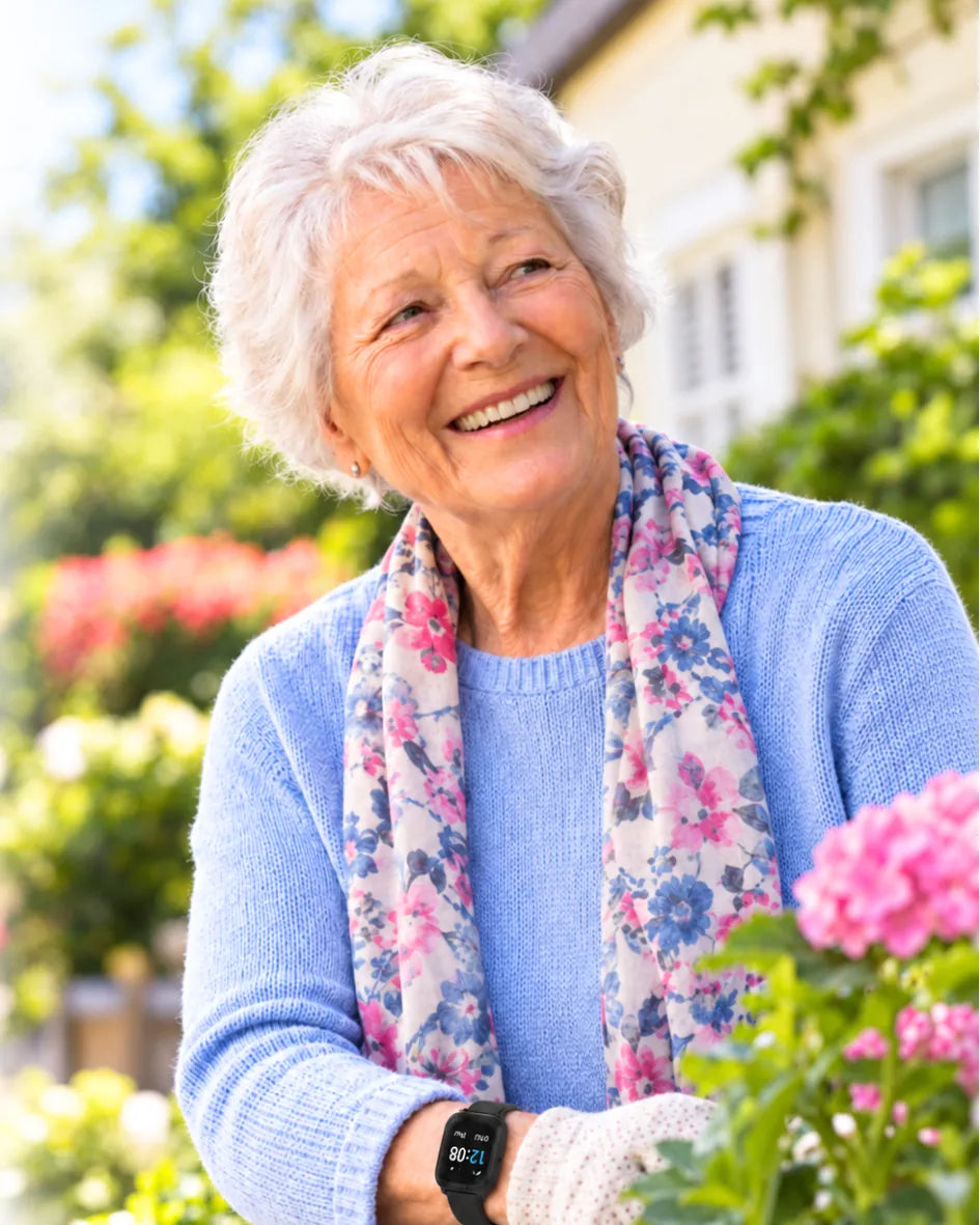An older person outdoors with the Help Alert GPS watch