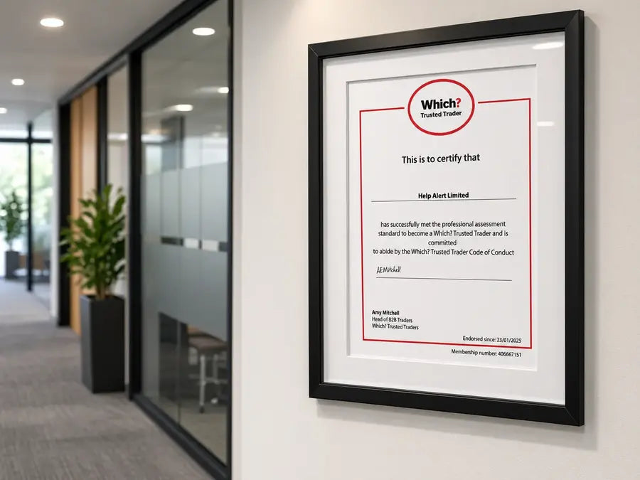 HelpAlert's framed Which? Trusted Trader certificate for Help Alert Limited